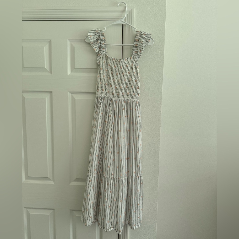 LOFT City Stripe Smocked Ruffle Midi Dress Size Small